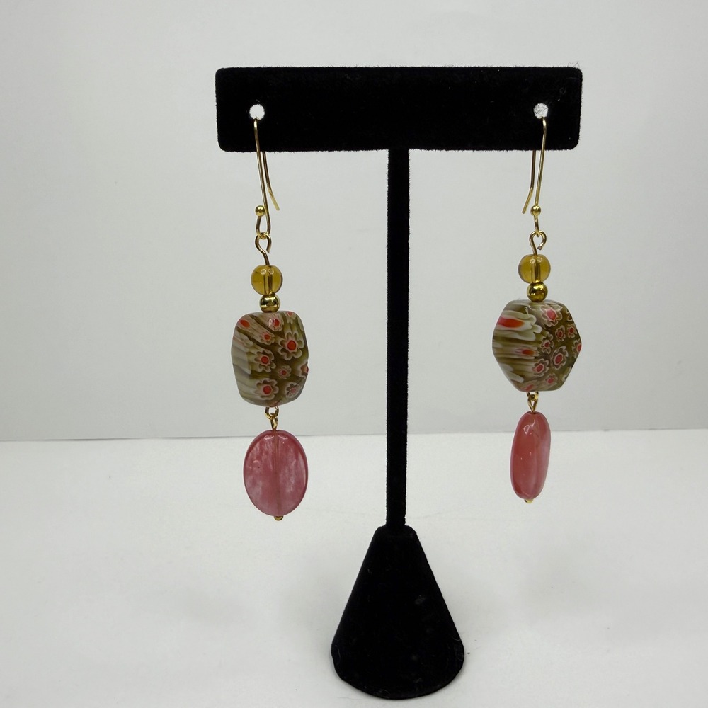 Murano Style Glass Dangle Drop Earrings Bohemian Floral Oval Beads Jewelry 3 in